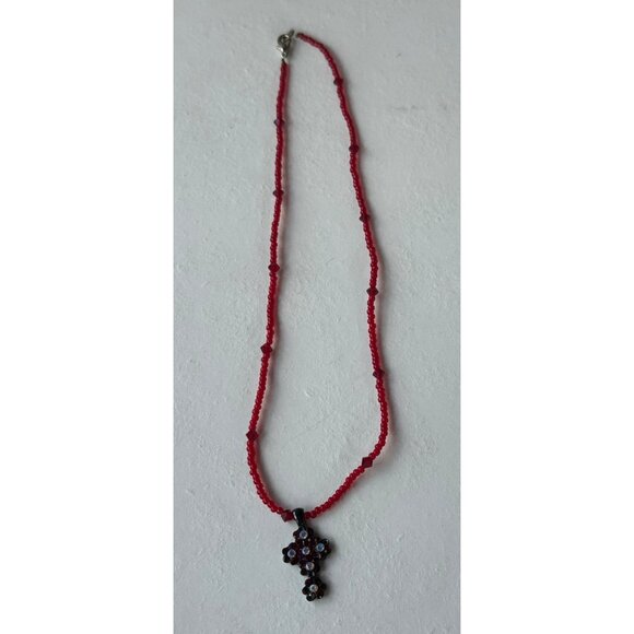 Unbranded Red Beaded Necklace w/Cross Charm 9" Height - Picture 3 of 6
